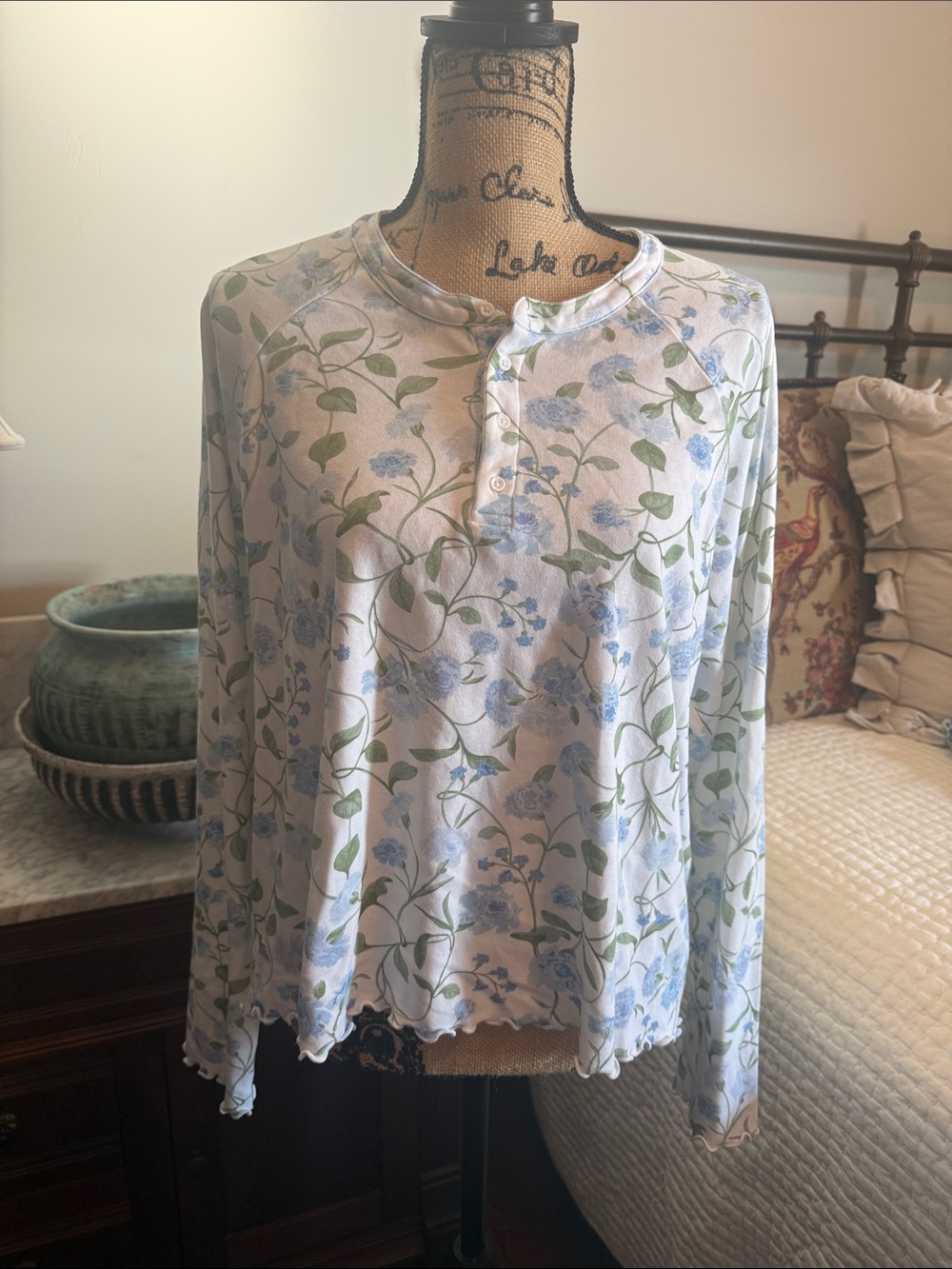 Hill House Floral Henley Pajama Set in White with Blue and Green Print